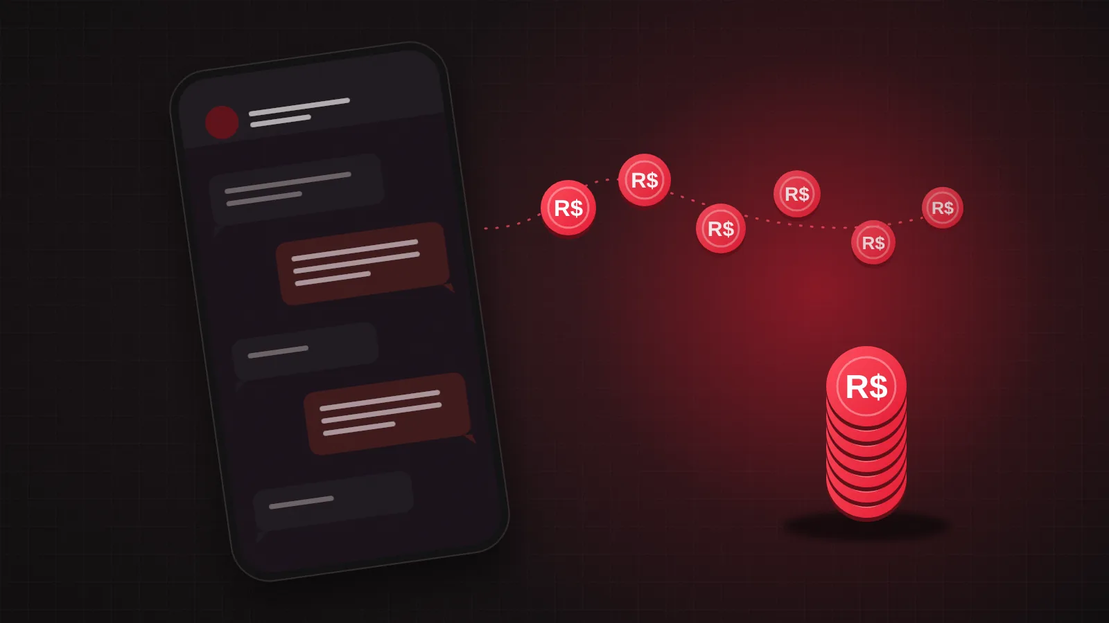 Celular com conversas de atendimento em que cada mensagem vira uma moeda de custo